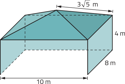 Imagem de uma pirâmide sobre um prisma de base retangular, formando uma composição entre um prisma e uma pirâmide. O prisma tem como base um retângulo de 10 metros por 8 metros e altura de 4 metros. A base inferior e a face frontal, de largura de 10 metros, foram removidas. A base da pirâmide coincide com face superior do prisma e suas faces laterais são triangulares, com arestas laterais medindo 3 raiz de 5 metros.