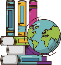 Desenho de livros empilhados ao lado de um globo terrestre.