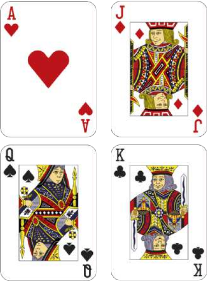 Imagem de 4 cartas de baralho, uma de cada naipe.