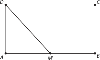 Imagem de um retângulo A B C D, com a base formada pelo lado A B. Do ponto D, localizado no canto superior esquerdo, parte um segmento de reta inclinado até o ponto M linha, que está no ponto médio do lado A B.