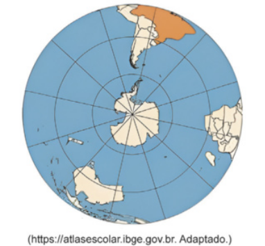Imagem de um círculo com o desenho de continentes ao redor do Polo Sul, localizado no centro da figura. Linhas circulares concêntricas e linhas radiais partem do centro, dividindo a área em setores.