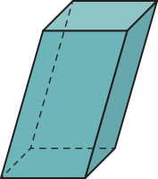 Imagem de um prisma de base quadrangular inclinado. O sólido possui duas bases em forma de quadrado e quatro faces laterais: duas em forma de retângulo, e duas em forma de paralelogramo.
