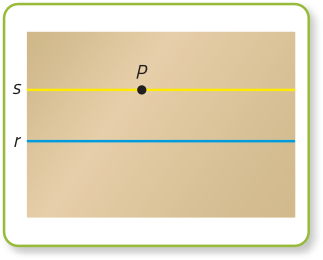 Imagem composta por duas retas horizontais, r e s, traçadas sobre um fundo retangular. Um ponto P está marcado sobre a reta s, que está posicionada acima da reta r.
