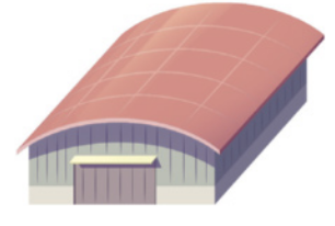 Imagem de um galpão retangular com cobertura curva. A cobertura tem a forma de um retângulo arqueado, com a linha central mais alta, e se curva suavemente para as laterais.