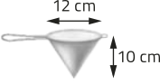Imagem de um funil em forma de cone com alça lateral. A parte superior circular mede 12 centímetros de diâmetro, e a altura do cone é de 10 centímetros.