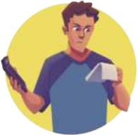 Ilustração de um jovem segurando um aparelho e um bloco de papel. Ele olha para o papel com expressão preocupada.