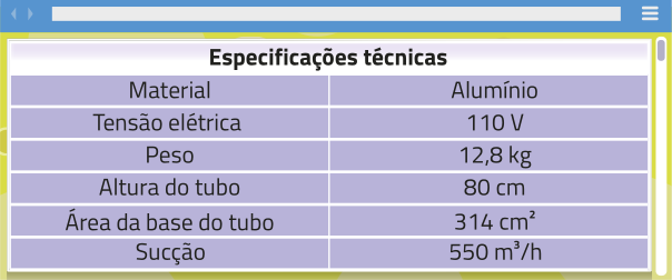 Imagem da tabela 'Especificações Técnicas'. Ela contém as seguintes informações: material: alumínio; tensão elétrica: 110 volts; peso: 12,8 quilogramas; altura do tubo: 80 centímetros; área da base do tubo: 314 centímetros quadrados; sucção: 550 metros cúbicos por hora.