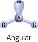 Imagem de uma molécula com geometria angular. Ao centro, há um átomo A ligado a dois átomos B, um de cada lado. Os átomos B estão deslocados um pouco para baixo e, acima do átomo A, há um par de elétrons. Ao redor dele, há uma região em formato de gota.