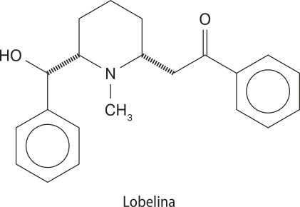 Imagem de fórmula estrutural simplificada da lobelina. Ela tem 21 carbonos no total. Há dois anéis aromáticos, um grupo O H, um carbono que faz dupla ligação com um oxigênio e uma amina que se liga a 3 carbonos.