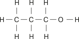 Imagem da fórmula estrutural do propanol. Ela é formada por uma cadeia principal com três carbonos. O primeiro carbono está ligado a três átomos de H; o segundo, a dois H; e o terceiro, a dois H e a um grupo O H.