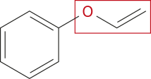 Imagem de fórmula estrutural simplificada de um anel aromático com um dos carbonos se ligando a um O, que se liga a uma cadeia com dois carbonos que se ligam entre si por ligação dupla. O trecho fora do anel aromático está circulado em vermelho.