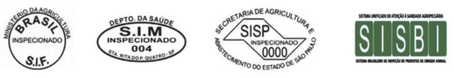 Imagem com quatro selos de órgãos de inspeção de qualidade. Da esquerda para a direita, temos: o selo do Ministério da Agricultura, com as palavras 'Brasil inspecionado S.I.F.' dentro de um círculo preto; o selo do Departamento da Saúde, com as palavras 'S.I.M inspecionado 004 Sta. Rita do P. Quatro - SP' dentro de uma forma oval; o selo da Secretaria de Agricultura e Abastecimento do Estado de São Paulo, com as palavras 'S I S P inspecionado 0000' no interior do contorno simplificado do estado de São Paulo; e, por fim, o selo do Sistema Brasileiro de Inspeção de Produtos de Origem Animal, com a frase 'Sistema Unificado de Atenção à Sanidade Agropecuária' acima das letras S I S B I em branco, cada uma inserida em um retângulo verde.