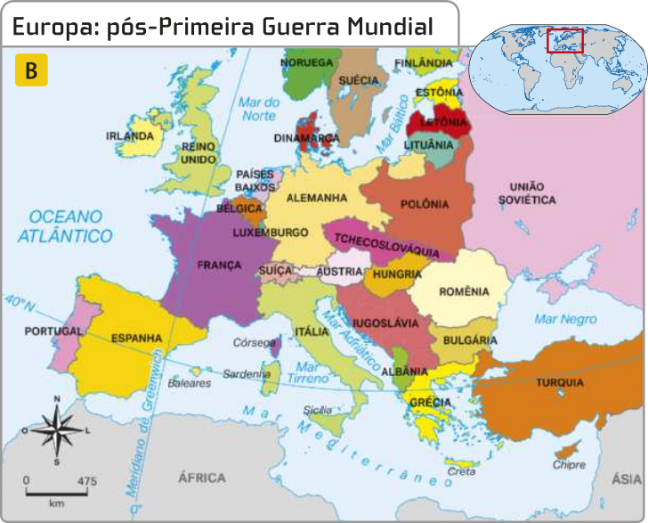 B. Mapa 'Europa: pós-Primeira Guerra Mundial'. Estão indicados os seguintes países: Irlanda, Reino Unido, Noruega, Suécia, Finlândia, Dinamarca, Estônia, Letônia, Lituânia, Países Baixos, Bélgica, Alemanha, Polônia, Tchecoslováquia, União Soviética, França, Suíça, Áustria, Hungria, Portugal, Espanha, Itália, Iugoslávia, Romênia, Bulgária, Albânia, Grécia, e Turquia.