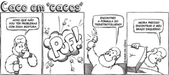 Tirinha 'Caco em cacos', em 4 quadros. Q1: Caco, que é um macaco, está vertendo o conteúdo líquido de um recipiente em outro. Ele diz: 'Acho que não vou ter problemas com essa mistura'. Q2: Ocorre uma explosão, PUF! Q3: está visível a parte superior do torso de Caco e seu braço direito, que ergue um recipiente com vapor saindo dele. Ele diz: 'Encontrei a fórmula do trinitrotolueno!' Q4: Ele olha embaixo de uma almofada e diz: 'Agora preciso encontrar o meu braço esquerdo'.