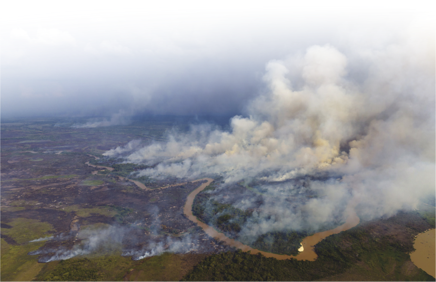 Fotografia com vista de cima de área florestada com um incêndio de grandes proporções.