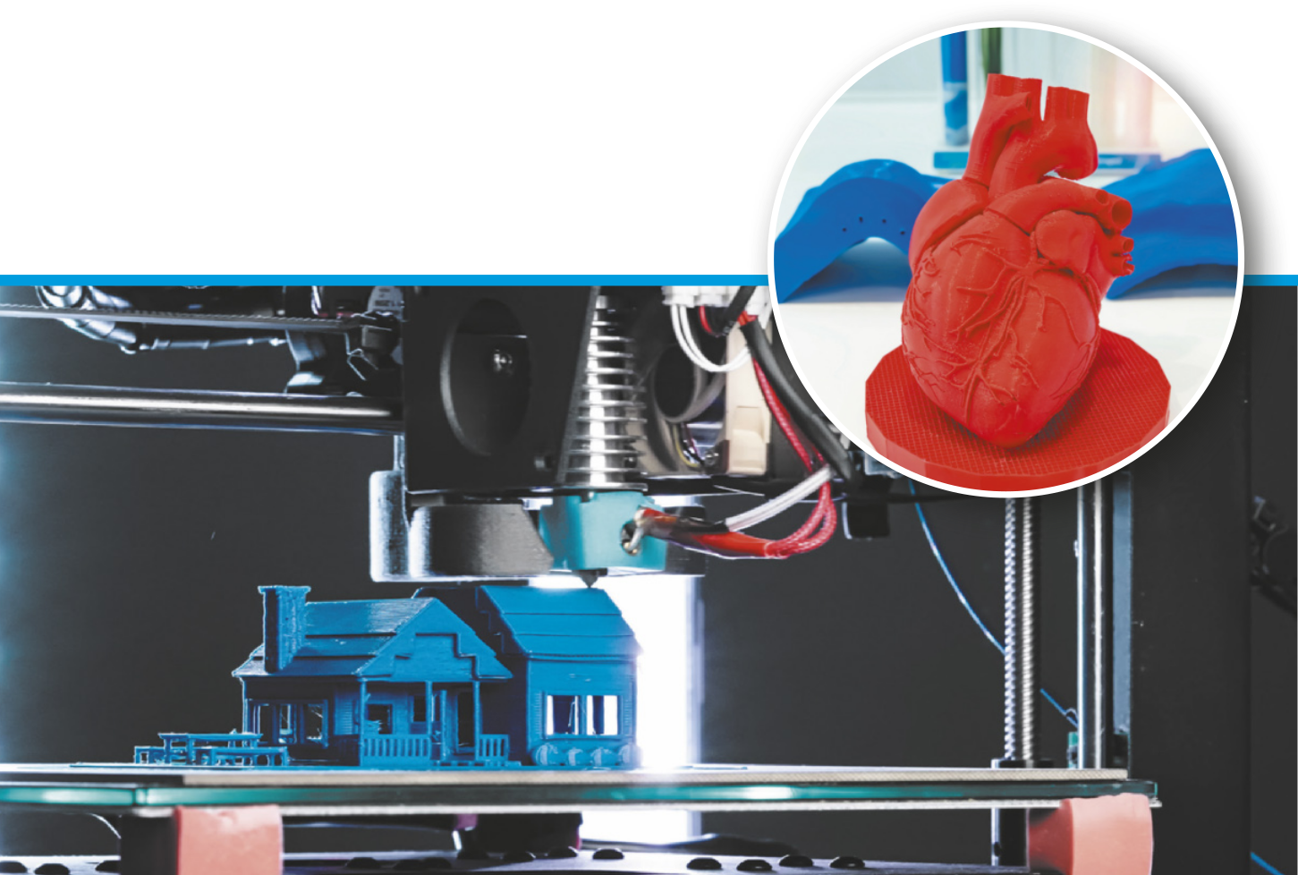 Imagem de uma impressora 3 D. Ela é formada por uma estrutura superior presa em trilhos e uma base. Entre a estrutura e a base é uma casa. Um destaque mostra um objeto com o formato de um coração humano.