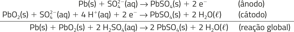 Imagem da seguinte equação química: Reações intermediárias: Pb sólido mais S O_{4}^{2-} aquoso produz Pb S Oíndice 4 sólido mais dois elétrons (ânodo). Pb Oíndice 2 sólido mais S O_{4}^{2-} aquoso mais 4 H^+ aquoso mais dois elétrons produz Pb S Oíndice 4 sólido mais 2 Híndice 2O líquido (cátodo). Reação global: Pb sólido mais Pb Oíndice 2 sólido mais dois Híndice 2S Oíndice 4 aquoso produz dois Pb S Oíndice 4 sólido mais dois Híndice 2O líquido (reação global).