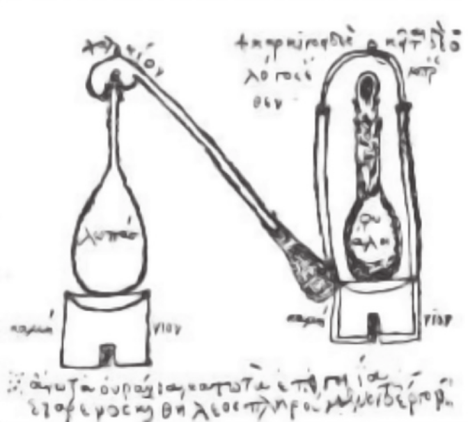Ilustração representando uma montagem de aparatos de laboratório. Dois recipientes com formato semelhante ao de balões de fundo redondo estão apoiados sobre uma estrutura e conectados por um tubo cilíndrico.