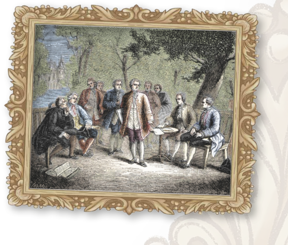 Pintura Le Cénacle scientifique du château de Clairac. Há homens em um ambiente ao ar livre, sob árvores. Estão vestidos com trajes típicos da época, como casacos longos e meias até os joelhos. Ao centro, um homem em pé segura papéis; ao redor, os demais estão sentados ou em pé, em atitude atenta.