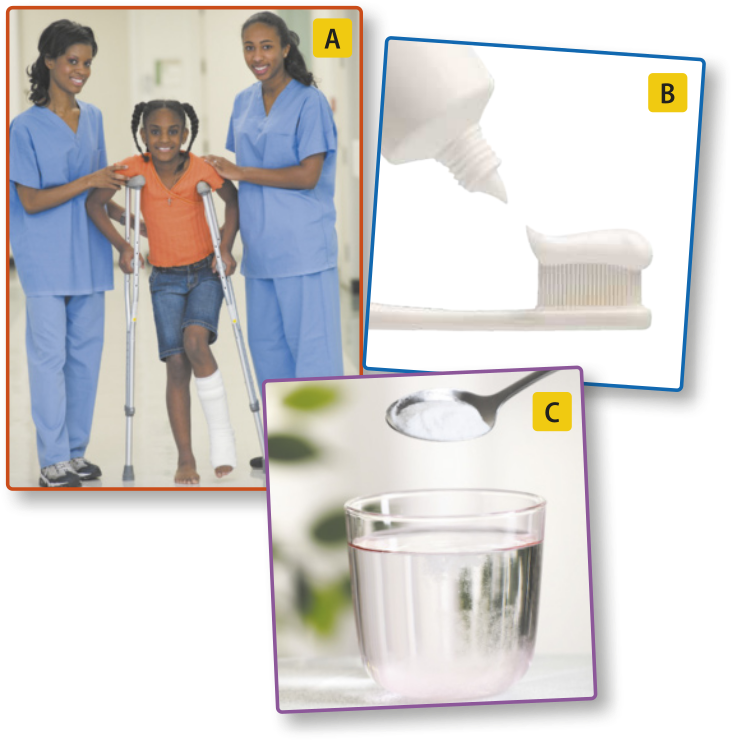 Composição com 3 imagens. A: fotografia de duas enfermeiras auxiliando uma menina com o pé engessado, usando muletas. B: imagem de creme dental aplicado em uma pasta de dente. C: fotografia de uma colher despejando um pó branco em um copo com um líquido incolor.