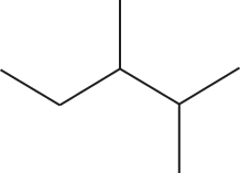 Imagem de fórmula estrutural simplificada com quatro carbonos na cadeia principal, com duas ramificações de um carbono nos carbonos dois e 3.