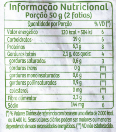 Imagem com tabela de informação nutricional contendo informações para o valor energético, carboidratos, proteínas, gorduras saturadas, gorduras trans, gorduras monoinsaturadas, gorduras poliinsaturadas, gorduras totais, colesterol, fibra alimentar e sódio.