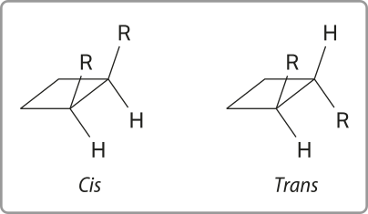Imagem da fórmula estrutural simplificada de dois isômeros. Em ambas há uma cadeia fechada com 4 carbonos, estando dois deles ligados a um radical e a um hidrogênio. No isômero cis, os dois radicais R estão no mesmo plano, assim como os hidrogênios. No isômero trans, os radicais R estão em planos diferentes, assim como os hidrogênios.