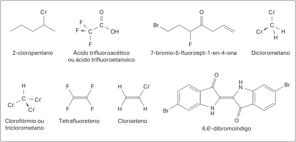 Imagem com fórmulas estruturais simplificadas de 8 substâncias: Dois-cloropentano: Cadeia principal com cinco carbonos. O segundo carbono, da direita para a esquerda, está ligado a um átomo de Cloro (Cl). Ácido trifluoroacético ou ácido trifluoroetanoico: Carbono central ligado a três flúors (F) e a um carbono com dupla ligação com oxigênio e ligação simples com grupo O H. 7-bromo-5-fluorohept-1-en-4-ona: Cadeia principal com sete carbonos, com uma ligação dupla entre os carbonos um e dois, da direita para a esquerda. Há um bromo (Br) no carbono 7, um flúor (F) no carbono 5 e uma dupla ligação com um O no carbono 4. Diclorometano: Carbono central ligado a dois Cl e dois H. Clorofórmio ou triclorometano: Carbono central ligado a 3 Cl e um H. Tetrafluoreteno: Molécula com dois carbonos ligados por dupla ligação, cada um ligado a dois F. Cloroeteno: Molécula com dois carbonos ligados por dupla ligação, sendo um deles ligado a um Cl e a um H e o outro a dois H. 6 vírgula 6 linha-dibromoíndigo: Molécula com dois anéis aromáticos condensados a dois anéis com grupos C dupla O e N H ligados entre si por uma ligação dupla entre dois carbonos. Cada anel aromático tem um Br ligado ao carbono 6. Cada grupo C dupla O está oposto a um N H, formando dois sistemas simétricos.