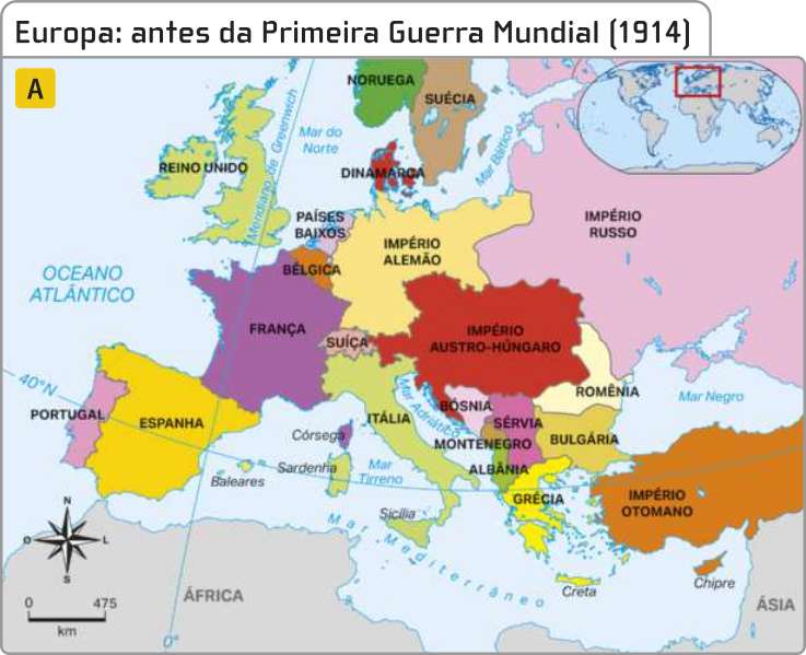 A. Mapa 'Europa: antes da Primeira Guerra Mundial abre parênteses 1914 fecha parênteses'. Estão indicados os seguintes países: Reino Unido, Noruega, Suécia, Dinamarca, Países Baixos, Bélgica, Império Alemão, Império Russo, França, Suíça, Império Austro-Húngaro, Portugal, Espanha, Itália, Bósnia, Montenegro, Sérvia, Romênia, Bulgária, Albânia, Grécia, e Império Otomano.