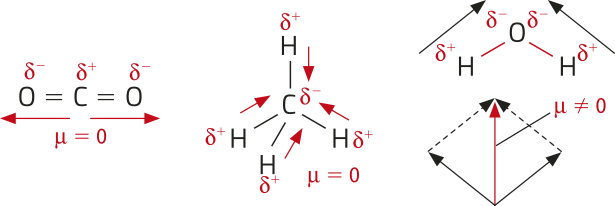 Esquema das fórmulas estruturais do C Oíndice 2, do C Híndice 4 e do Híndice 2 O. A imagem mostra as geometrias moleculares, as polaridades das ligações, indicadas pelos símbolos delta positivo e delta negativo, e o momento dipolar resultante, indicado pela letra grega mi, para cada molécula. O C Oíndice 2 apresenta geometria linear, o átomo de carbono está indicado com o delta positivo e os de oxigênio com o delta negativo. Setas opostas partem do carbono central em direção aos átomos de hidrogênio, indicando que mi é igual a zero. O C Híndice 4 possui geometria tetraédrica, com o carbono central indicado com delta negativo e os hidrogênios com delta positivo; setas apontam dos átomos de hidrogênio para o carbono indicando em mi igual a zero. Já o Híndice 2 O apresenta geometria angular, com o oxigênio indicado com delta negativo e os hidrogênios com delta positivo; setas partem dos hidrogênios em direção ao oxigênio e formam um vetor resultante representado por uma seta apontando para cima, indicando que mi é diferente de zero.