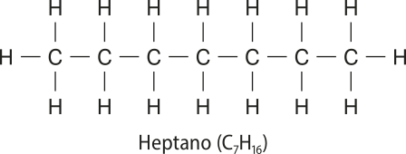 Imagem do Heptano, Cíndice 7Híndice 16. Ele é composto por uma cadeia central com 7 carbonos ligados entre si, linearmente. Os das extremidades se ligam a 3 hidrogênios, cada, e os centrais a dois hidrogênios, cada.
