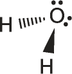 Imagem de uma molécula. Há o átomo O ligado a dois átomos H, formando um V. Ao redor do átomo O, há dois pares de elétrons. Linhas, triângulos e hachuras indicam a disposição tridimensional das ligações.