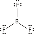 Imagem de uma molécula. Há um átomo B ligado simetricamente a três átomos F. Ao redor de cada átomo F, há três pares de elétrons.