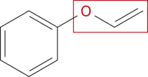 Imagem de fórmula estrutural simplificada de um anel aromático com um dos carbonos se ligando a um O, que se liga a uma cadeia com dois carbonos que se ligam entre si por ligação dupla. O trecho fora do anel aromático está circulado em vermelho.