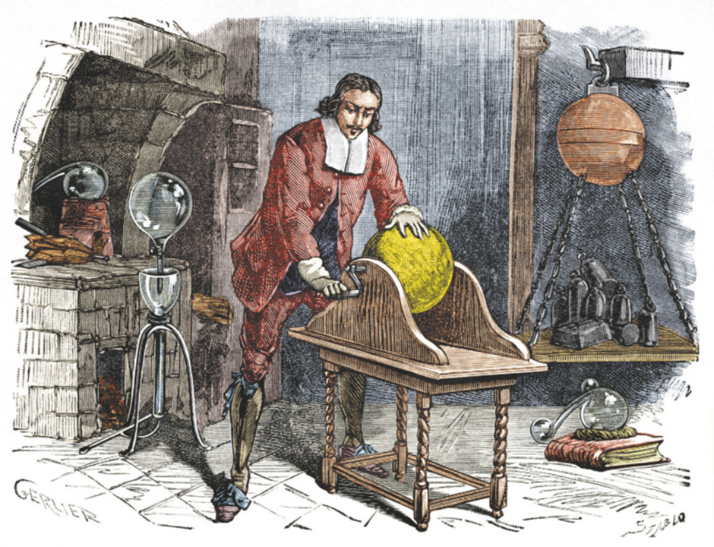 Gravura de Otto von Guericke girando uma manivela acoplada a um objeto esférico. Ele está com uma das mãos na esfera. Ao redor, materiais de laboratório.