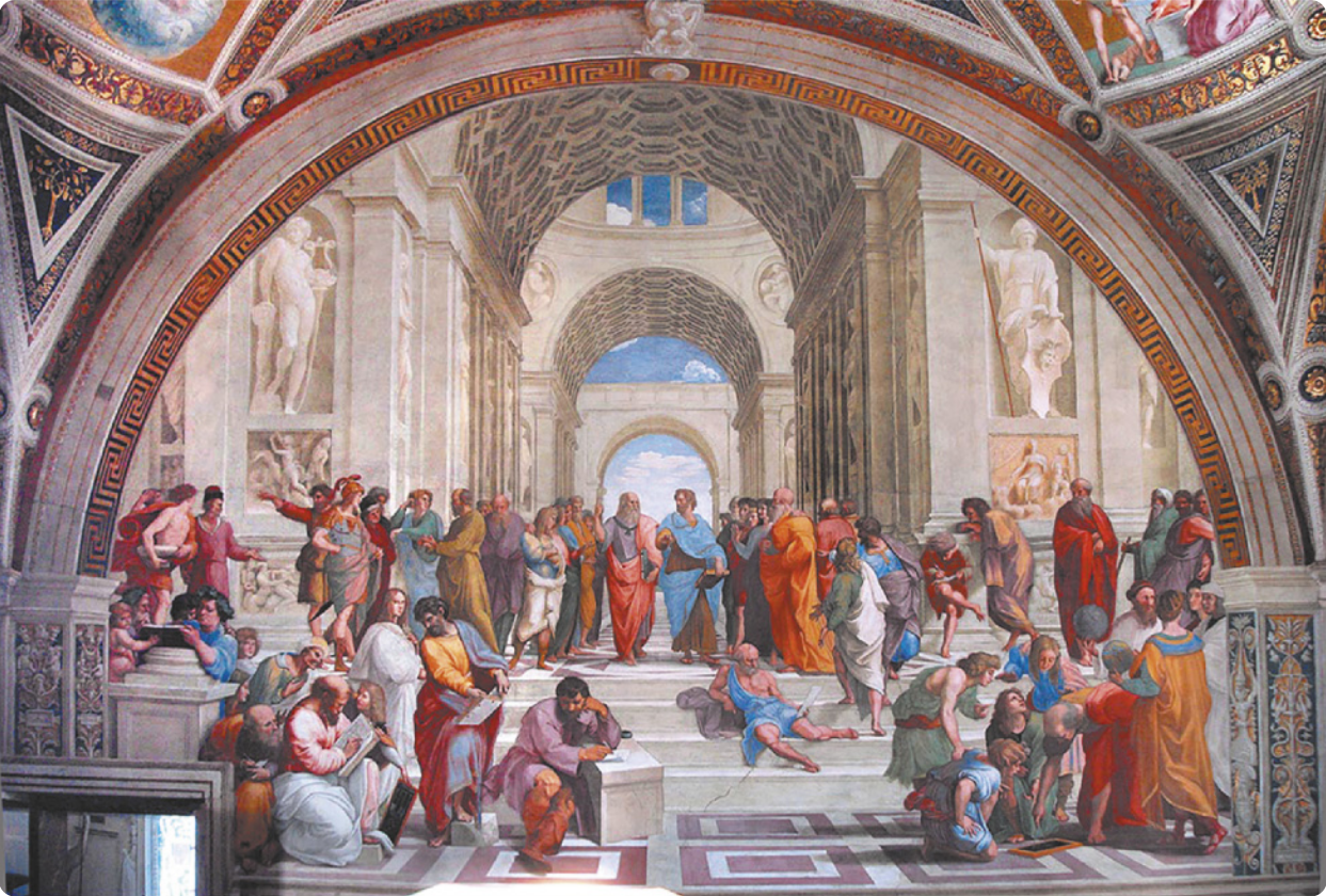 Pintura Escola de Atenas de Raffaello Sanzio com pessoas reunidas em um grande salão de arquitetura clássica, com colunas, arcos e teto arredondado. Elas vestem túnicas e interagem entre si em pequenos grupos.
