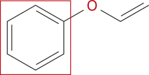 Imagem de fórmula estrutural simplificada de um anel aromático com um dos carbonos se ligando a um O, que se liga a uma cadeia com dois carbonos que se ligam entre si por ligação dupla. O anel aromático está circulado em vermelho.