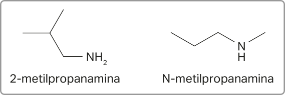 Imagem com fórmulas estruturais simplificadas de duas substâncias: Dois-metilpropanamina: Cadeia principal com 3 carbonos. Há uma ramificação de um carbono se ligando ao segundo. O terceiro se liga a um grupo N Híndice 2. N-metilpropanamina: Cadeia principal com 4 carbonos. Há um grupo N H entre o terceiro e o quarto carbonos.
