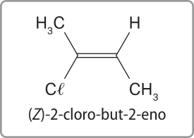 Imagem da fórmula estrutural simplificada do (Z)-2-cloro-but-2-eno. Ele é semelhante ao composto descrito anteriormente, mas agora o Cl está no mesmo plano de um dos grupos C Híndice 3, enquanto o H está no mesmo plano do outro grupo C Híndice 3.