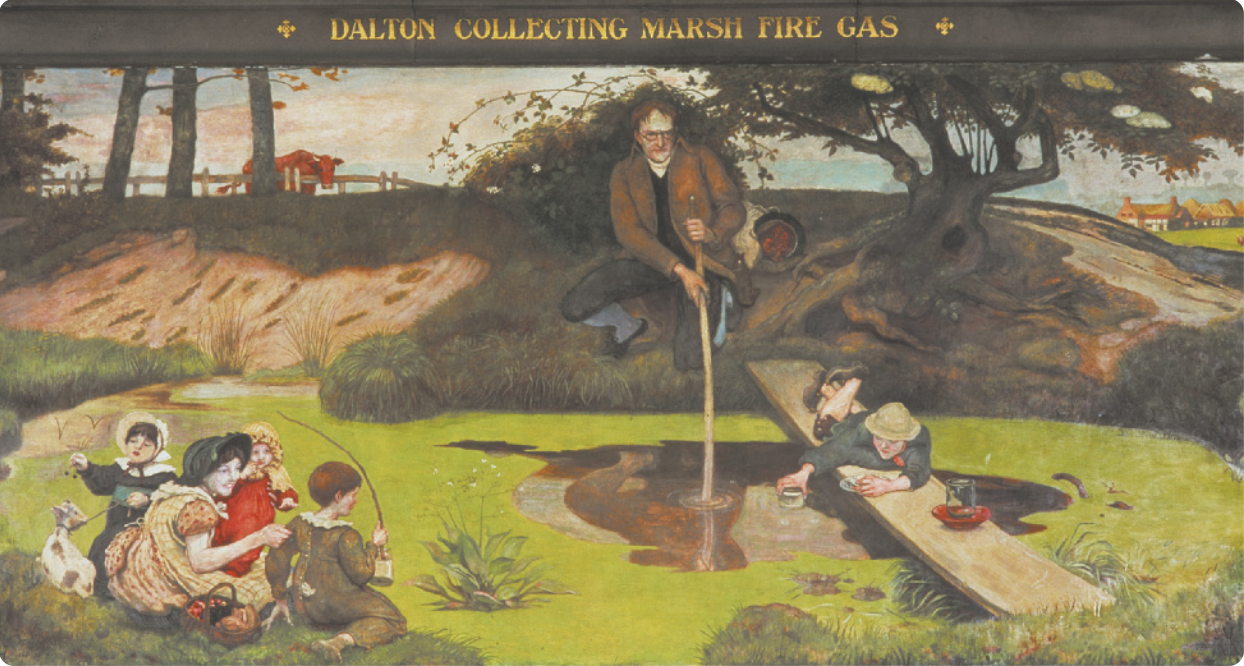 Pintura com o título Dalton Collecting Marsh Fire Gas. Há um homem segurando uma vara longa mergulhada em uma área alagada. Próximo a ele, há crianças interagindo, uma delas segura um graveto. Sobre a área alagada, há uma tábua com um menino deitado e segurando um recipiente sobre a água.