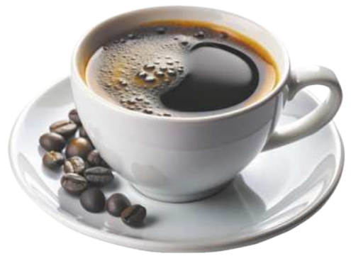 Fotografia de uma xícara de café sobre um pires. Há grãos de café na borda do pires.