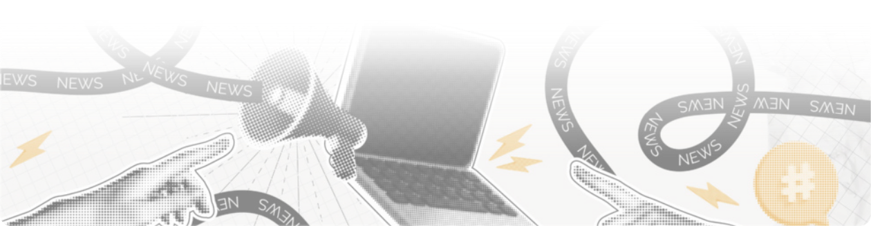 Ilustração do escrito feik nius e de um notebook, um megafone e de dedos apontando.