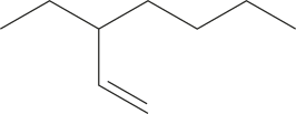 Imagem de fórmula estrutural simplificada de um composto com 7 carbonos na cadeia principal. Há uma ligação dupla entre o primeiro e o segundo carbonos e no terceiro há uma ramificação com dois carbonos ligados linearmente.
