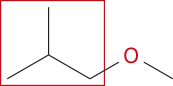 Imagem de fórmula estrutural simplificada com 4 carbonos na cadeia principal, havendo um O entre o primeiro e o segundo carbonos e uma ramificação com um carbono ligado ao terceiro. O segundo, o terceiro e o quarto carbonos e a ramificação do terceiro carbono estão circulados em vermelho.