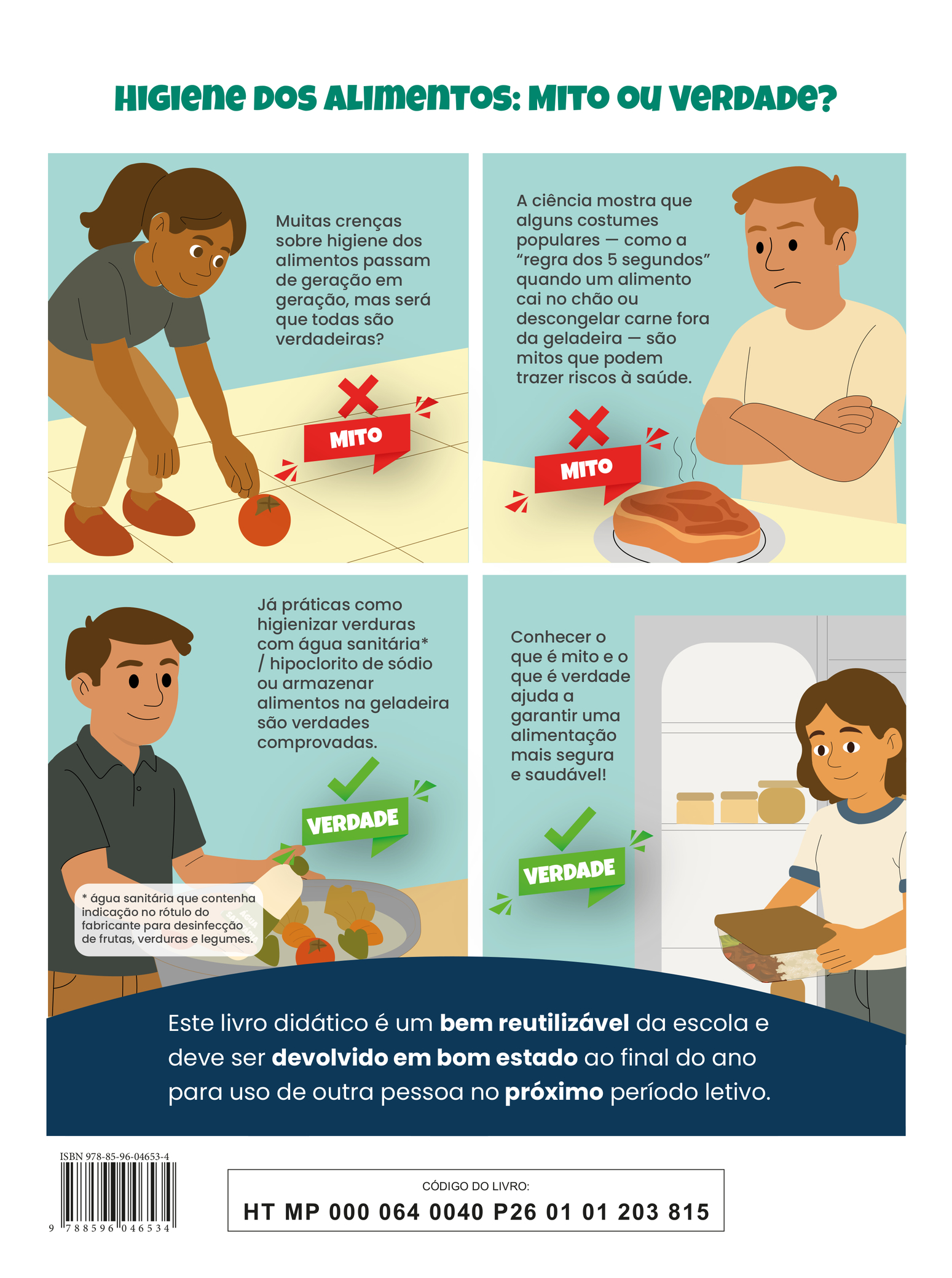 Quarta capa do livro. A ilustração apresenta quatro situações, acompanhadas do título: 'Higiene dos Alimentos: Mito ou Verdade?'. Na primeira cena, uma jovem, com um leve sorriso, está com os joelhos levemente dobrados, o corpo curvado e os braços esticados em direção a um tomate que caiu no chão. Ao lado, lê-se: 'Mito: Muitas crenças sobre higiene dos alimentos passam de geração em geração, mas será que todas são verdadeiras?' Na segunda cena, um jovem com os braços cruzados e expressão desconfiada observa um prato sobre a mesa. No prato, há um grande pedaço de carne com aspecto duvidoso. Ao lado, está o texto: 'Mito: A ciência mostra que alguns costumes populares — como a “regra dos 5 segundos” quando um alimento cai no chão ou descongelar carne fora da geladeira — são mitos que podem trazer riscos à saúde.' Na terceira cena, um jovem, também com um leve sorriso, segura uma garrafa de água sanitária próxima a uma bacia cheia de legumes submersos em água. Ao lado, lê-se: 'Verdade: Já práticas como higienizar verduras com água sanitária / hipoclorito de sódio ou armazenar alimentos na geladeira são verdades comprovadas. Nota: água sanitária que contenha indicação no rótulo do fabricante para desinfecção de frutas, verduras e legumes.' Na quarta cena, uma jovem sorri levemente enquanto segura com as duas mãos um recipiente quadrado, transparente e com tampa. Dentro dele há arroz, molho e alface. Ao lado da jovem, há uma estante com outros recipientes. O texto ao lado diz: 'Verdade: Conhecer o que é mito e o que é verdade ajuda a garantir uma alimentação mais segura e saudável!' Na parte inferior, há a seguinte informação: 'Este livro didático é um bem reutilizável da escola e deve ser devolvido em bom estado ao final do ano para uso de outra pessoa no próximo período letivo.' ISBN 978-85-96-04653-4; CÓDIGO DO LIVRO: HT MP 000 064 0040 P26 01 01 203 815.