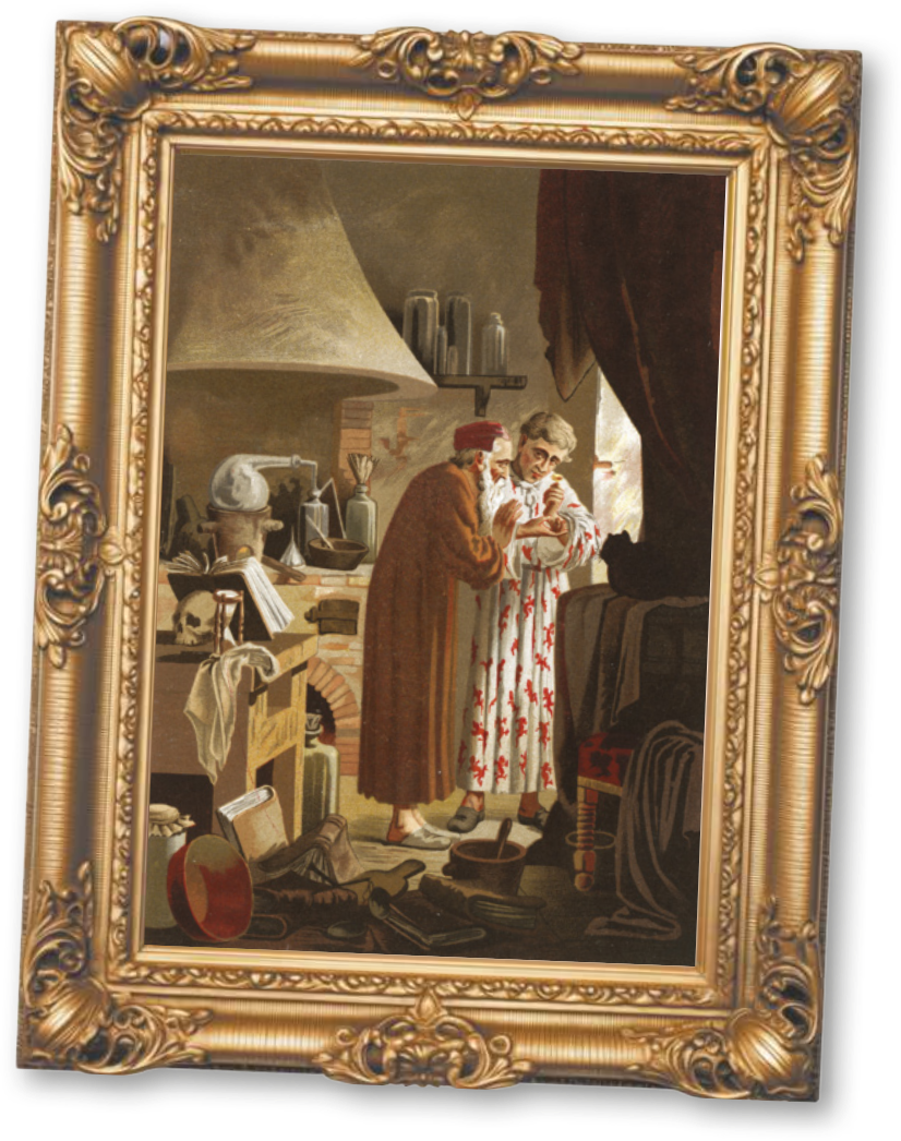 Pintura de dois homens. Um deles, mais velho e vestido com um manto, está inclinado em direção ao outro, que veste uma roupa semelhante a um vestido longo e segura um recipiente com cuidado. Ao redor, há diversos objetos associados à alquimia, como frascos, tubos, livros, um crânio, recipientes e instrumentos.