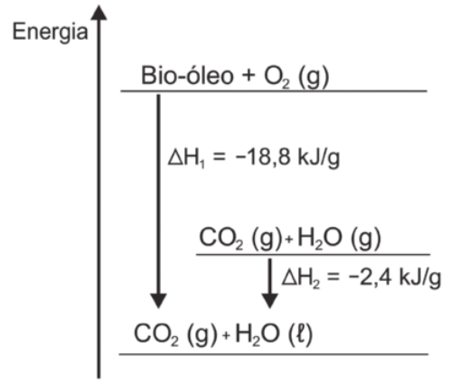 Imagem de diagrama. Uma seta vertical para cima representa a energia. Há três níveis de energia, representados por linhas horizontais. O primeiro nível, com maior entalpia, indica: bio-óleo mais Oíndice 2 (gasoso). O segundo nível, com energia intermediária, indica: C Oíndice 2 (gasoso) mais Híndice 2 O (gasoso). O terceiro, com menor energia, indica: C Oíndice 2 (gasoso) + Híndice 2 O (líquido). Duas setas para baixo, entre os níveis de energia, indicam as variações de entalpia das reações. A primeira seta, representando a variação entre o nível de maior e menor entalpia, indica: delta Híndice 1 igual a menos 18,8 quilojoules por grama. A segunda seta, representando a variação entre o nível intermediário e o de menor entalpia, indica: delta Híndice 2 igual a menos 2,4 quilojoules por grama.