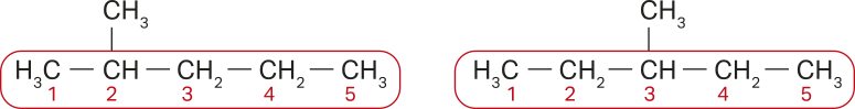 Imagem de duas fórmulas estruturais. Na primeira, há 5 carbonos na cadeia principal. Eles estão enumerados de um a 5, da esquerda para a direita, na seguinte ordem: Híndice 3C, C H, C Híndice 2, C Híndice 2 e C Híndice 3. Há um grupo C Híndice 3 ligado ao carbono dois. Na segunda, há 5 carbonos na cadeia principal. Eles estão enumerados de um a 5, da esquerda para a direita, na seguinte ordem: Híndice 3C, C Híndice 2, C H, C Híndice 2 e C Híndice 3. Há um grupo C Híndice 3 ligado ao carbono 3.