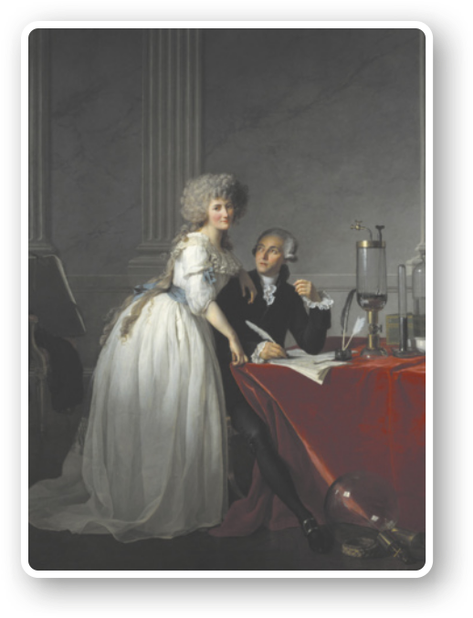Retrato de Antoine-Laurent Lavoisier e Marie-Anne Lavoisier, de Jacques-Louis David. Há uma mulher em pé, com cabelos grisalhos, curtos e crespos, vestindo um vestido longo com rendas. Ao seu lado, há um homem sentado, vestindo roupas formais, com babados no colarinho e nos punhos. Ele olha para a mulher enquanto segura uma pena sobre papéis em uma mesa. Na mesa, há também equipamentos de laboratório.