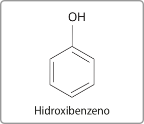 Imagem de fórmula estrutural do hidroxibenzeno. Ele é composto por um anel aromático com um grupo O H ligado a um dos carbonos.